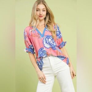 Umgee Pink Floral V-Neck Blouse with Blue Floral Accents